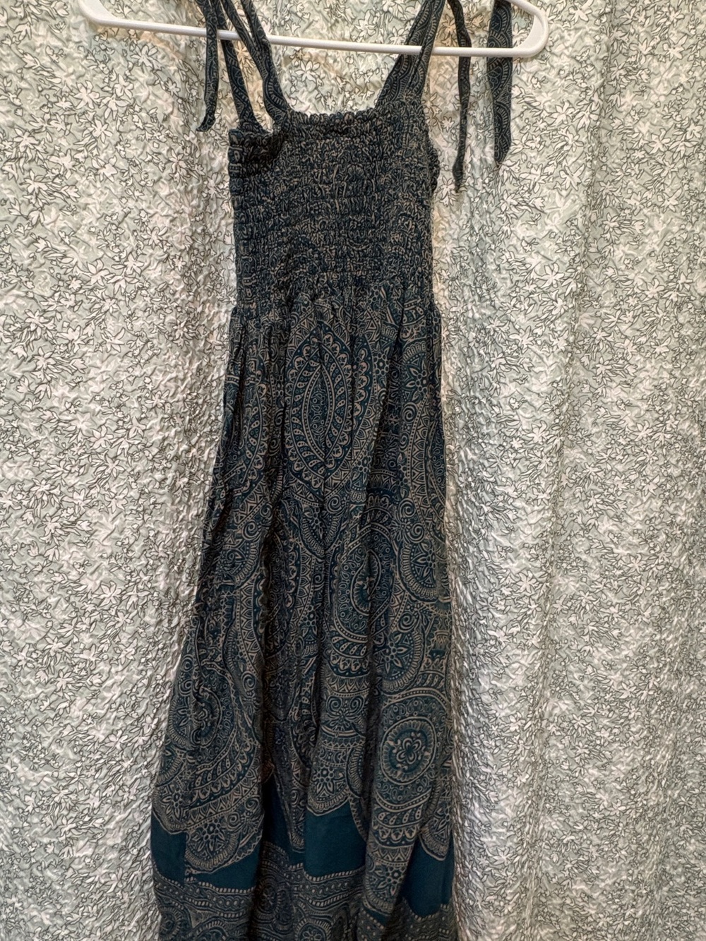 Smocked Tie-Shoulder Paisley Maxi Dress - Teal/Black
